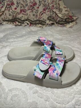 Chaco womens Tie-Dye Strappy Slide Sandals - Pink, Blue, Green colors